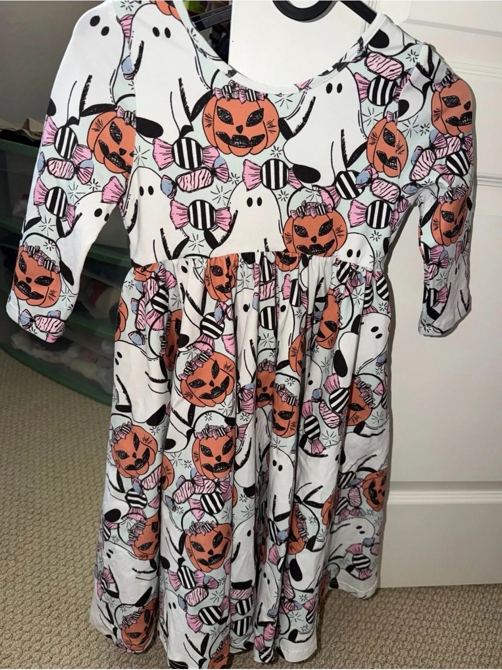 Girls' White Halloween Dress with Orange Pumpkins & Pink Candy